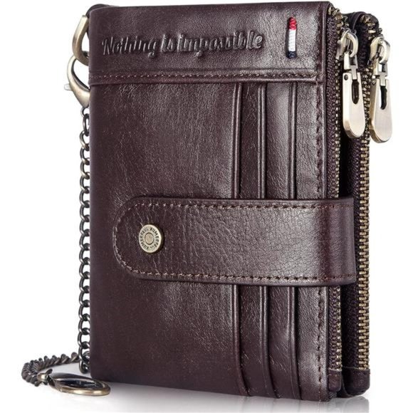 Men's RFID Blocking Genuine Leather Bifold Wallet With Anti-Theft Chain - 14 Card Slots, 2 ID Windows